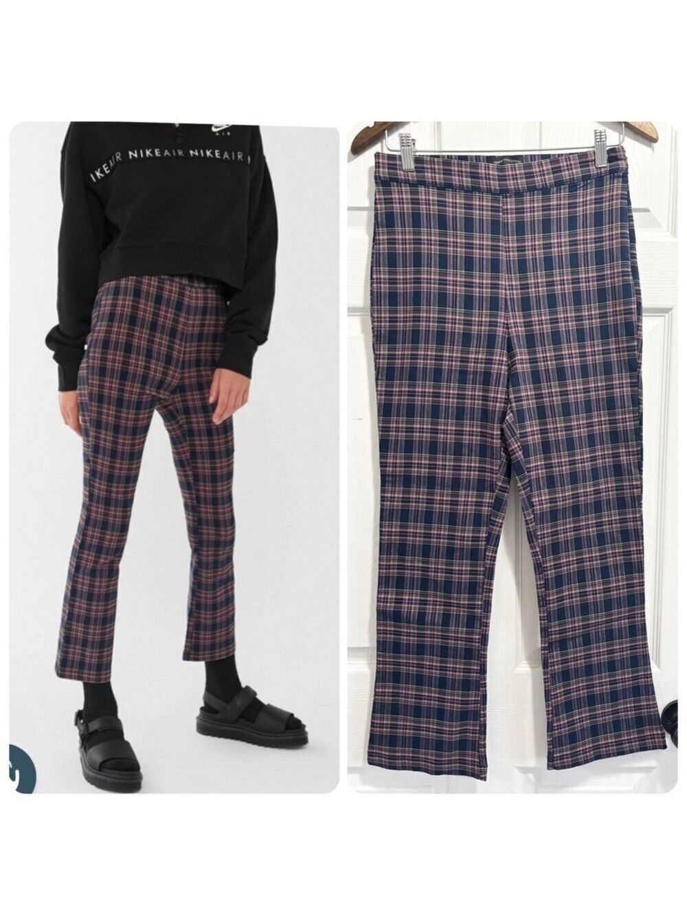Urban Outfitters Lola Plaid Kick Flare Pants Stretchy Side Zip Navy Pink Sz 10